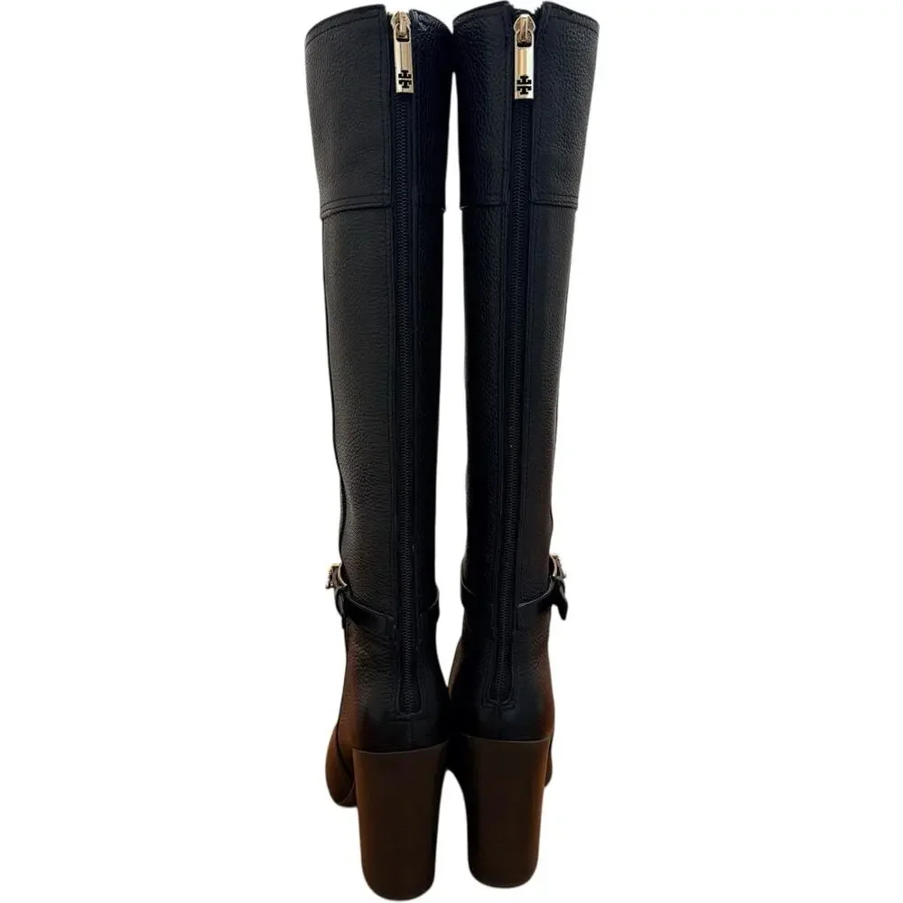 Tory Burch Jenna Black Pebbled Leather Knee High Boots Size 8.5